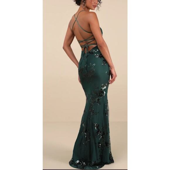 LULU'S SZ M Valhalla Forest Green Sequin Mermaid Lace-Up Maxi Dress NWT 0B5 - Picture 2 of 11